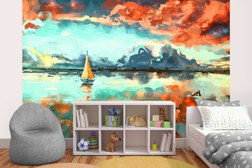 Vlies Fototapete - Gemälde - Boot im Ozean 375 x 250 cm